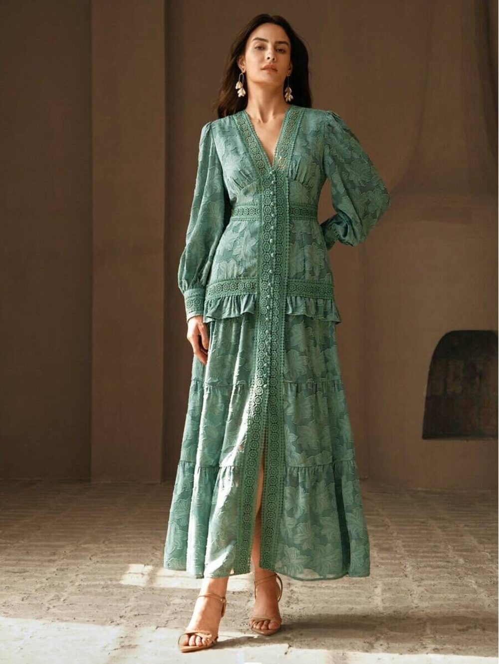 Anewsta Green Long Sleeve Button Front Maxi Dress Size L dd1